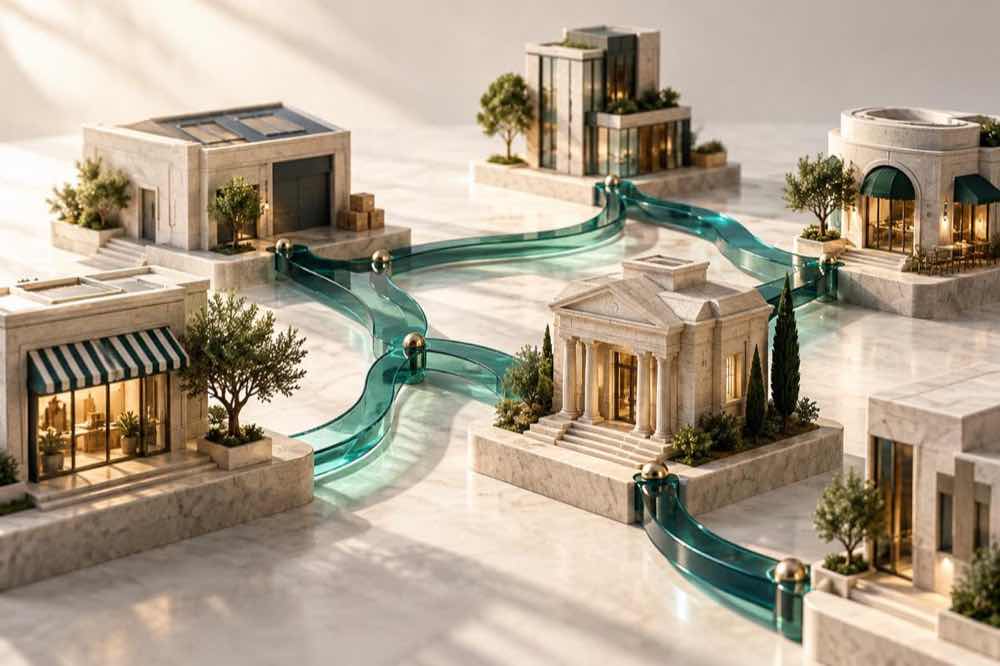 Conceptual artwork of miniature businesses linked by teal glass paths